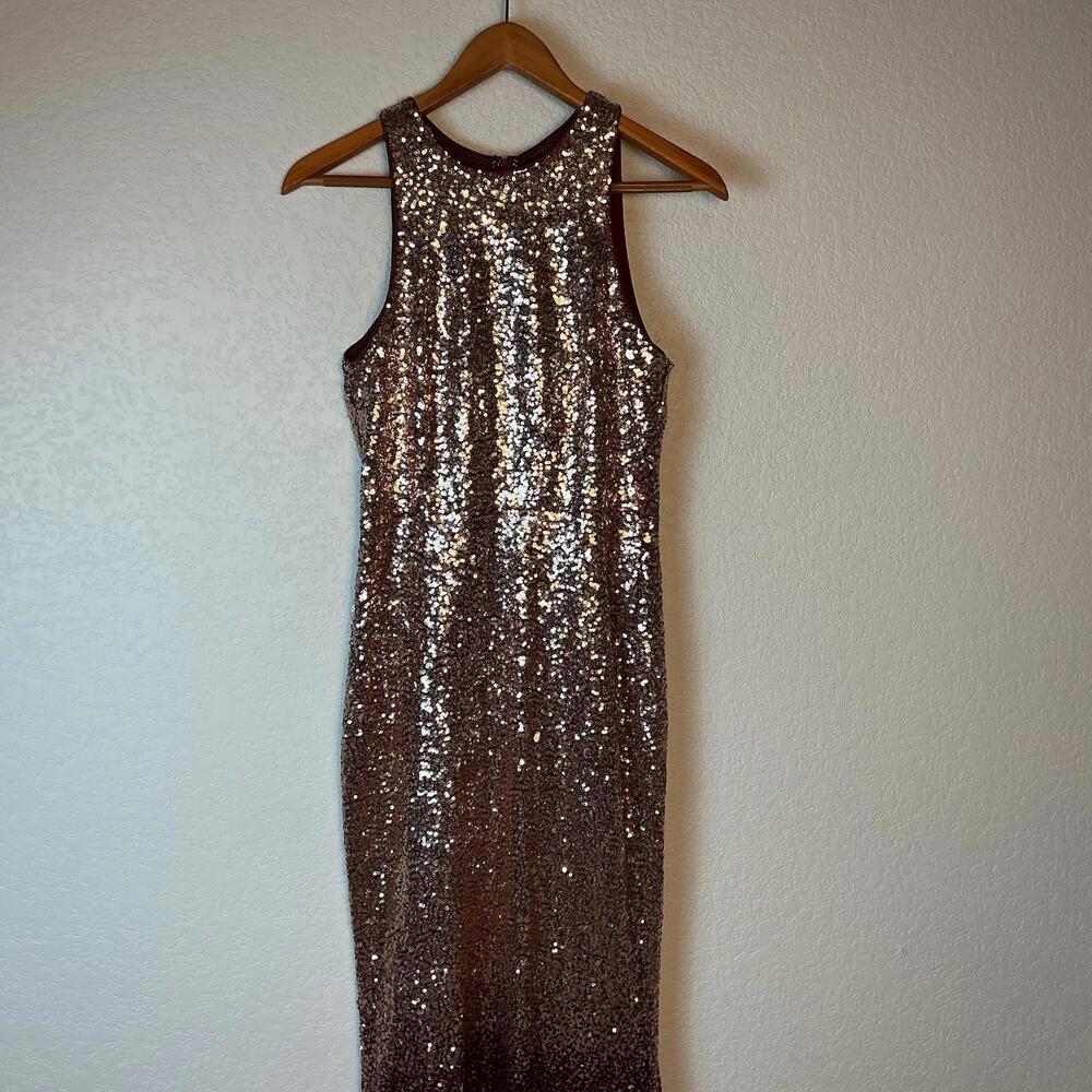 Lulus gown Gold/Maroon Formal Dress Glittery Floor Length Sequin body con Flare - Picture 2 of 5